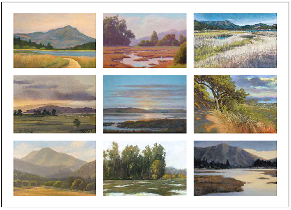 Nine paintings of wetlands in Marin arranged in a grid.